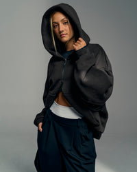 Woman wearing Memory in Motion Ultra Heavyweight Zip Thru Hoodie - Black Washed | Model:Georgia | Size:XS | Thumbnail Index: 3