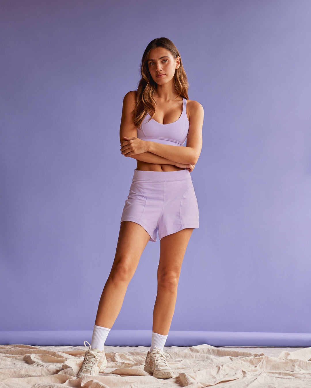 Woman wearing Movement CloudFLX 3" Short - Orchid Bloom Marl | Model:Beatriz | Size:XS - view 4