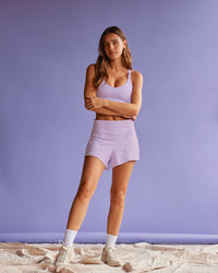 Woman wearing Movement CloudFLX 3" Short - Orchid Bloom Marl | Model:Beatriz | Size:XS | Thumbnail Index: 3