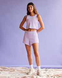 Woman wearing Movement CloudFLX 3" Short - Orchid Bloom Marl | Model:Beatriz | Size:XS | Thumbnail Index: 1