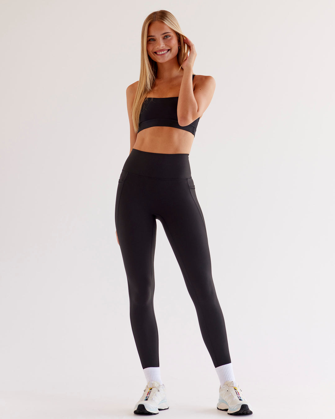 Woman wearing O.G Fusion Ultra High-Rise Full Length Legging Pockets - Black | Model:Taneisha | Size:XS - view 9