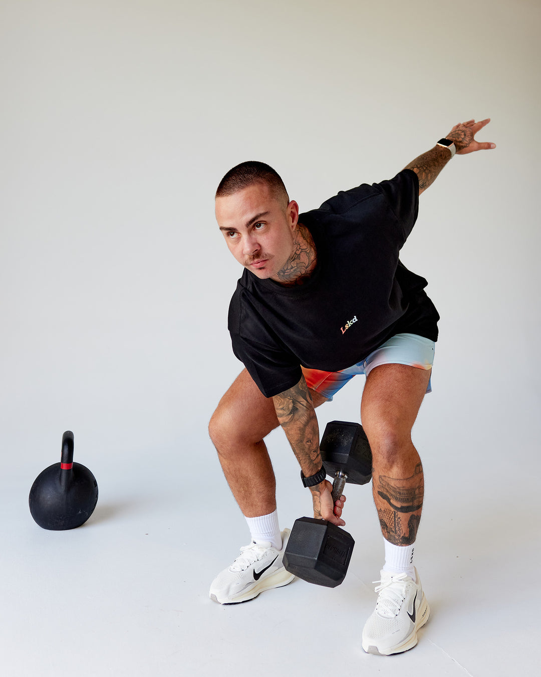 Man wearing Our Journey Heavyweight Oversized Tee - Black-Rainbow | Model:Tayden | Size:XS - view 4