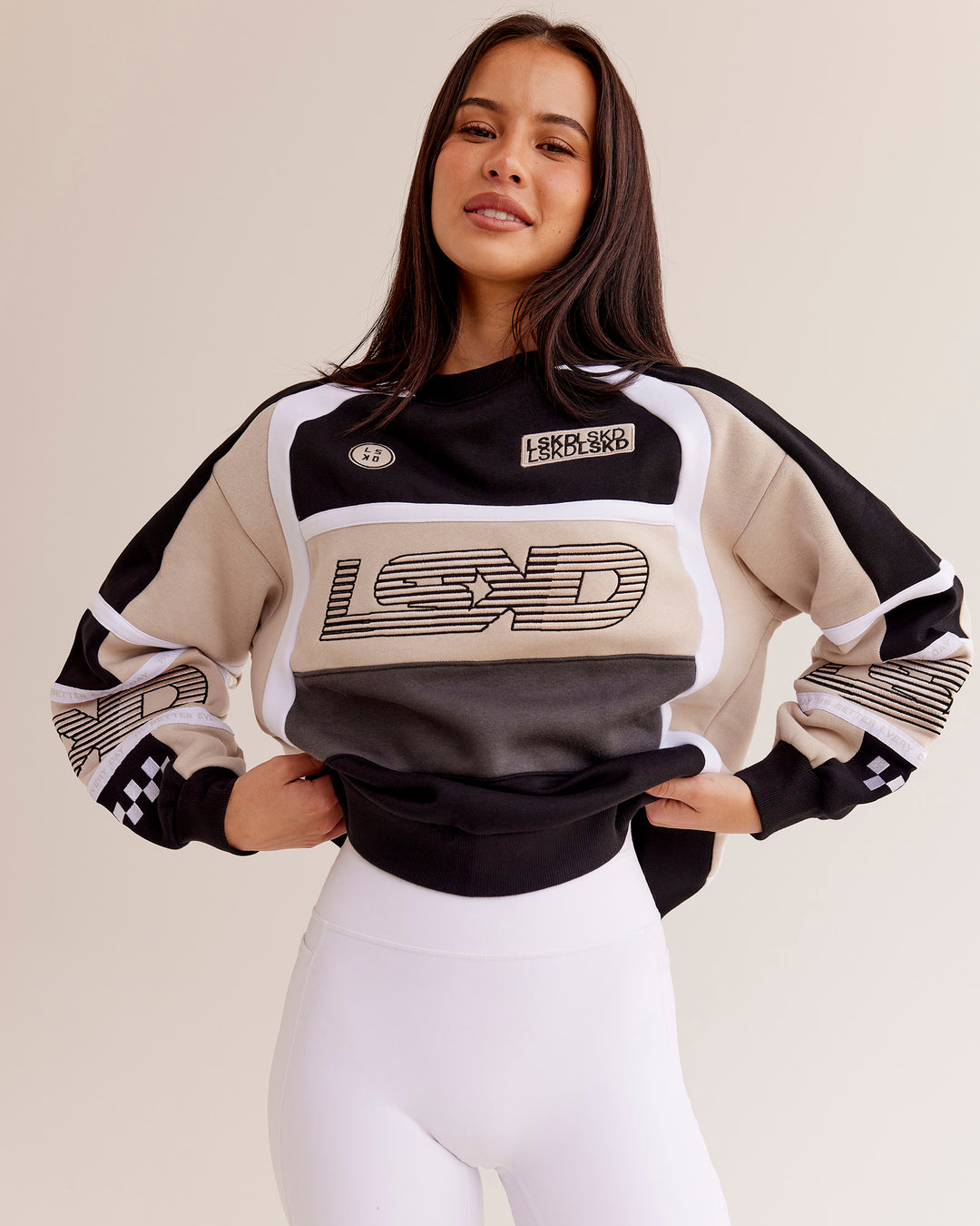 Woman wearing Power Sweater - Black-Shale Beige | Model:Eliza | Size:XS - view 7