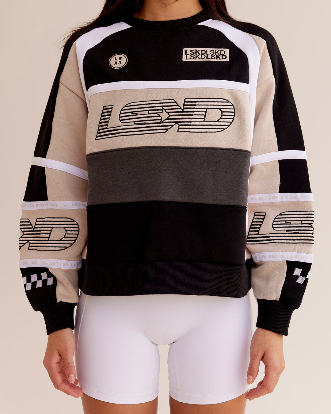 Woman wearing Power Sweater - Black-Shale Beige | Model:Eliza | Size:XS - view 6