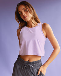 Woman wearing Restore CloudFLX Tank - Orchid Bloom Marl | Model:Beatriz | Size:XS | Thumbnail Index: 0