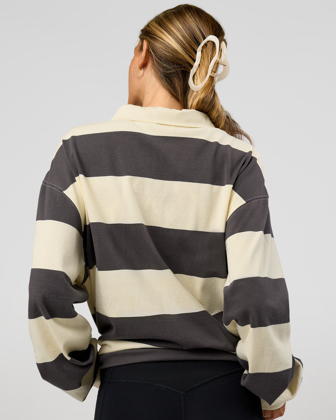 Woman wearing Clubhouse Unisex Rugby Polo - Off White-Grey | Model:Georgia | Size:XS - view 6