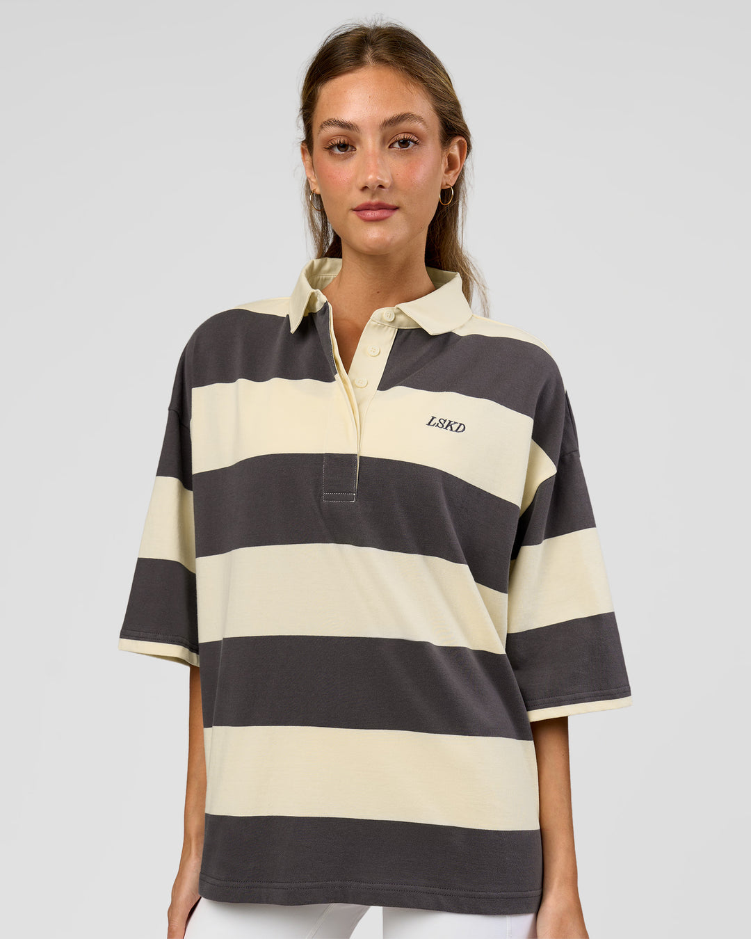 Woman wearing Oversized Rugby Polo - Off White-Grey| Model:Georgia| Size:XS - view 10