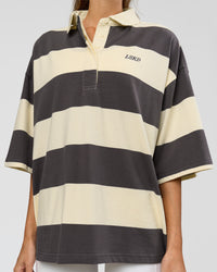 Woman wearing Oversized Rugby Polo - Off White-Grey| Model:Georgia| Size:XS | Thumbnail Index: 10