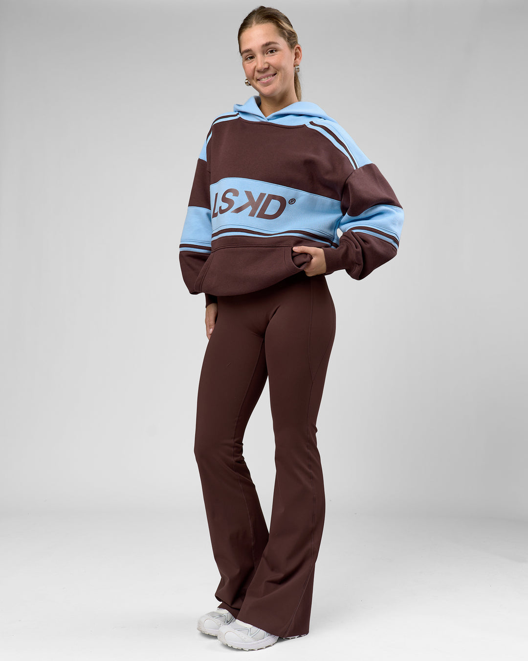 Woman wearing A-Team Oversized Hoodie - Hot Chocolate-Open Air | Model:Amity | Size:XS - view 10