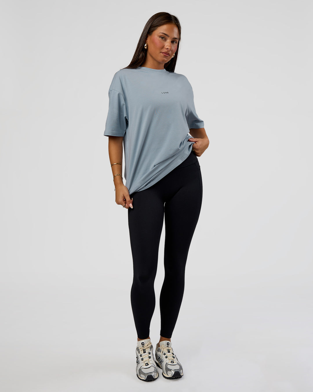 Woman wearing Abstract Haze FLXCotton Tee - Dusty Blue-Black | Model:Bianca | Size:XS - view 11