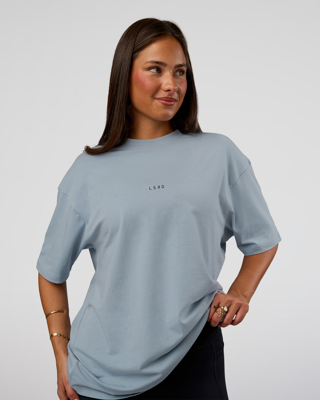 Woman wearing Abstract Haze FLXCotton Tee - Dusty Blue-Black | Model:Bianca | Size:XS - view 4