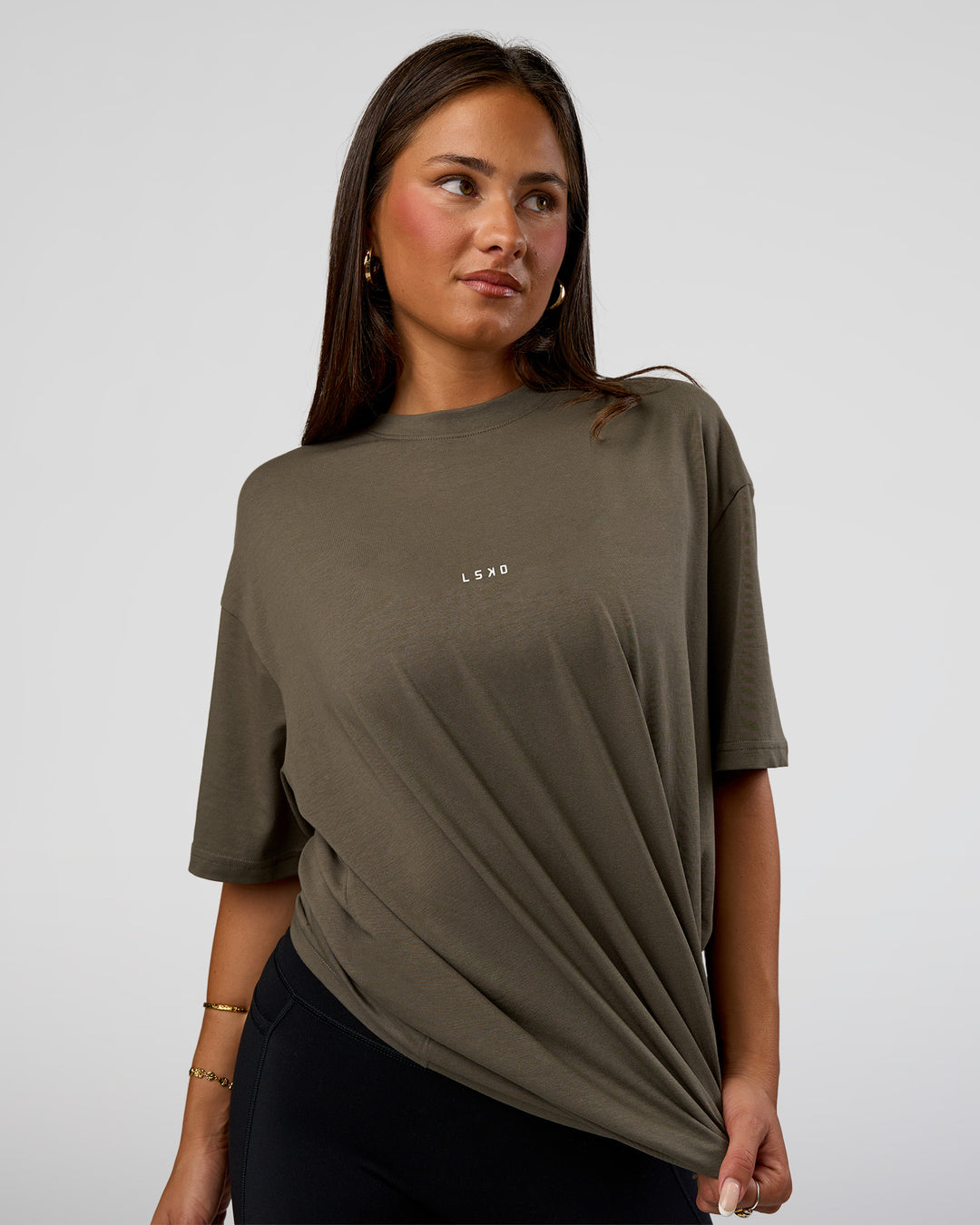 Woman wearing Abstract Haze FLXCotton Tee - Walnut Grey-White | Model:Bianca | Size:XS - view 7