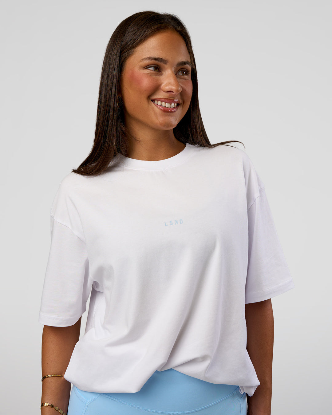 Woman wearing Abstract Haze FLXCotton Tee - White-Blue Aura | Model:Bianca | Size:XS - view 5