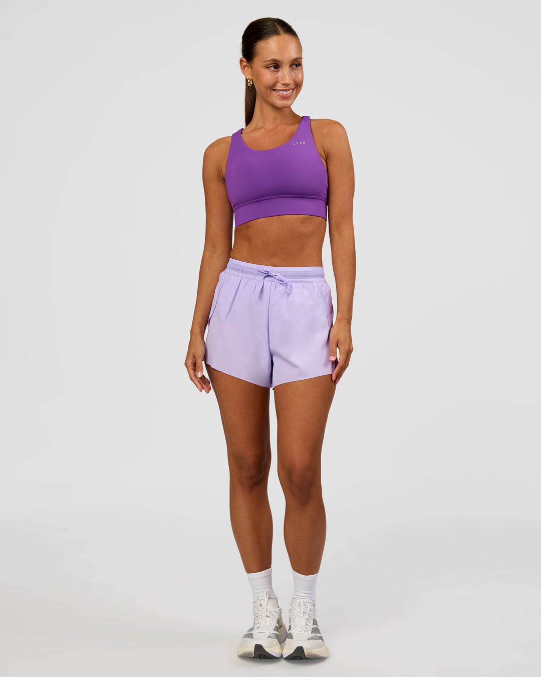 Woman wearing Accelerate 3" High-Rise Running Short - Pale Lilac | Model:Brylee | Size:XS - view 5