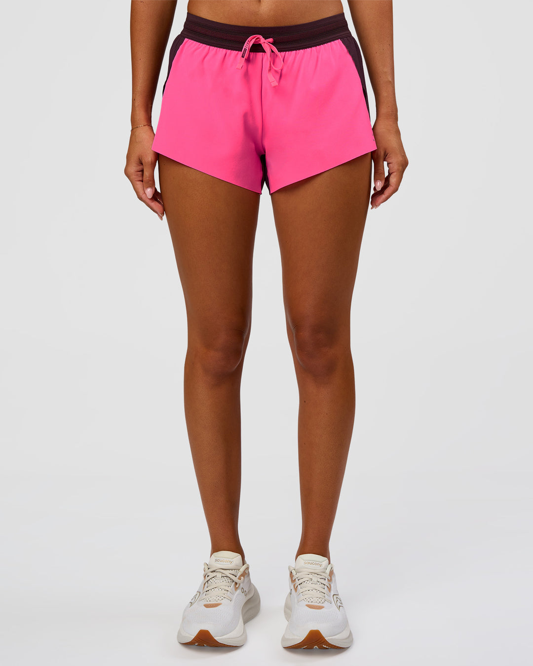 Woman wearing Accelerate 3" Mid-Rise Running Short - Midnight Plum-Sugar Plum | Set:True | Angle:front | Model:Charli | Size:XS - view 6