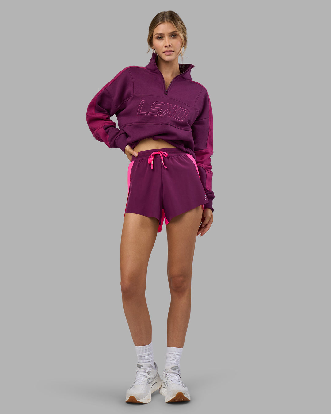 Woman wearing Accelerate 3" High-Rise Running Short - Ultra Pink-Plum Caspia | Model:Leilani | Size:XS - view 5