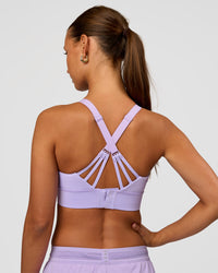 Woman wearing Accelerate Split Strap Sports Bra - Pale Lilac | Model:Brylee | Size:XS | Thumbnail Index: 7