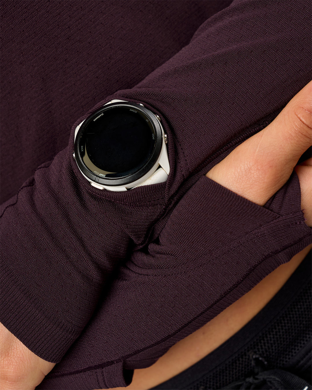 Woman wearing AeroFLX+ Long Sleeve Skimmer Half Zip - Midnight Plum/Midnight Plum | Model:Maja | Size:XS - view 2