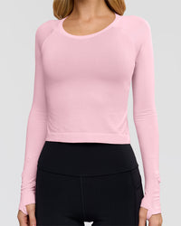 Woman wearing AeroFLX+ Seamless Long Sleeve Skimmer Tee - Marshmallow/Marshmallow | Model:Leilani | Size:XS | Thumbnail Index: 6