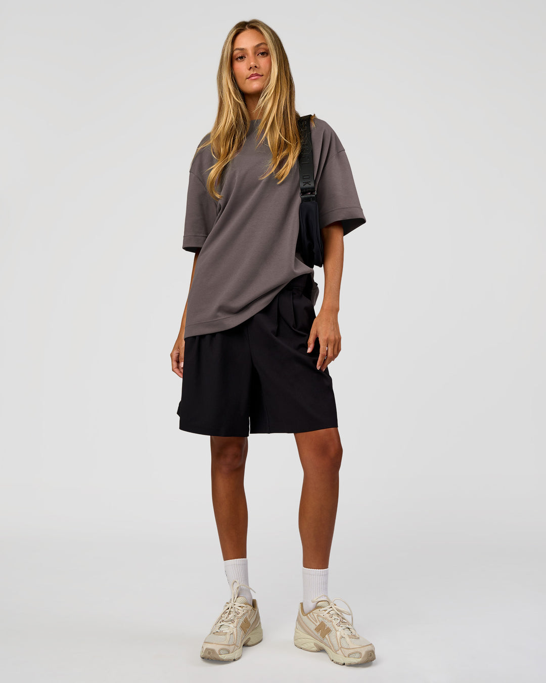 Woman wearing AfterDark ZeroCrease Oversized Tee - Duskstone | Model:Georgia | Size:XS - view 5