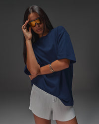 Woman wearing AfterDark ZeroCrease Oversized Tee - Future Navy | Model:Ruby | Size:XS | Thumbnail Index: 9