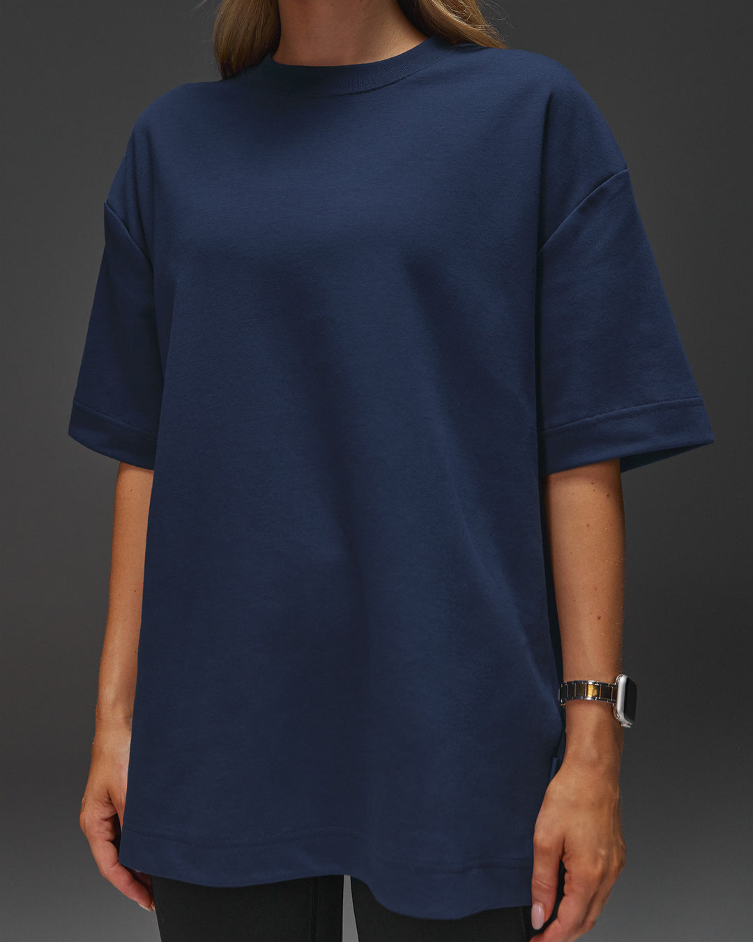 Woman wearing AfterDark ZeroCrease Oversized Tee - Future Navy | Model:Leilani | Size:XS - view 15