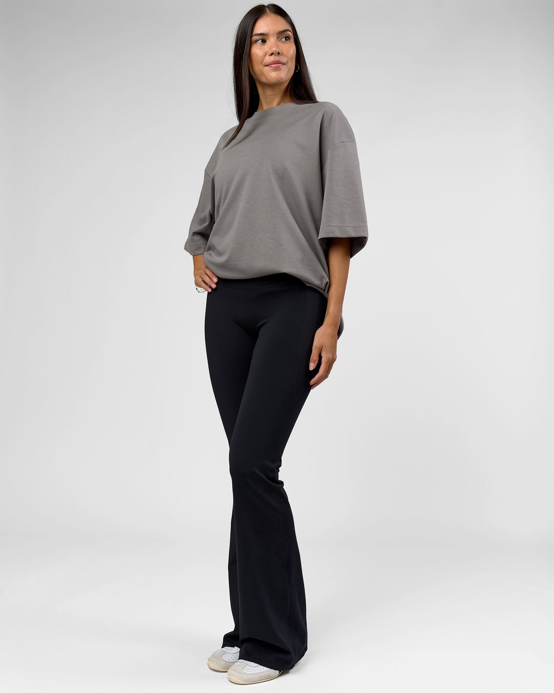 Woman wearing AfterDark ZeroCrease Oversized Tee - Storm Front | Model:Rhylee | Size:XS - view 12