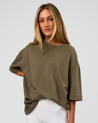 Woman wearing AfterDark ZeroCrease Oversized Tee - Walnut Grey | Model:Georgia | Size:XS | Thumbnail Index: 3