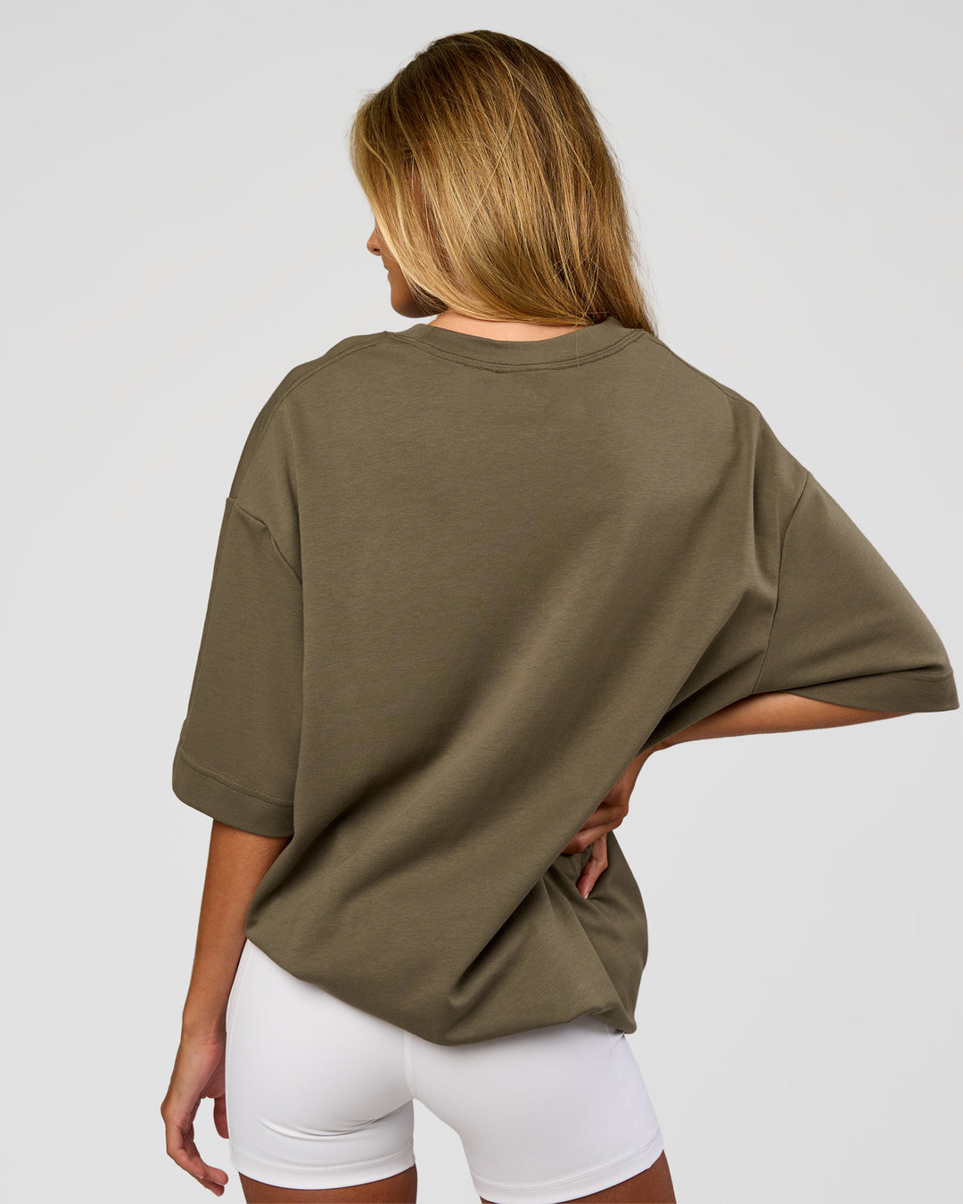 Woman wearing AfterDark ZeroCrease Oversized Tee - Walnut Grey | Model:Georgia | Size:XS - view 7