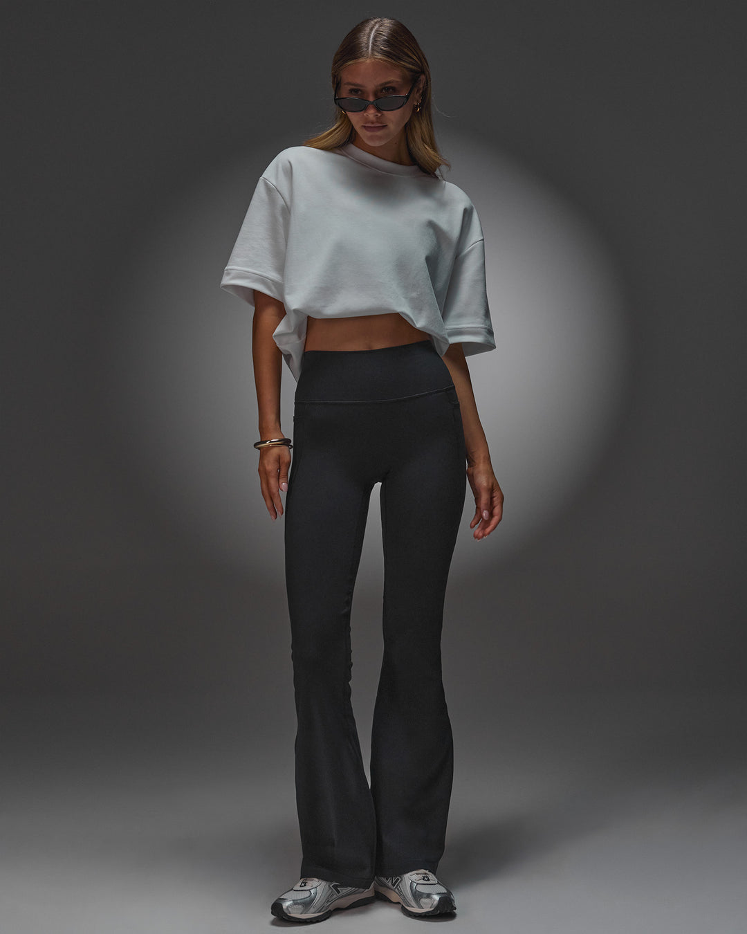 Woman wearing AfterDark ZeroCrease Oversized Tee - White | Model:Leilani | Size:XS - view 14