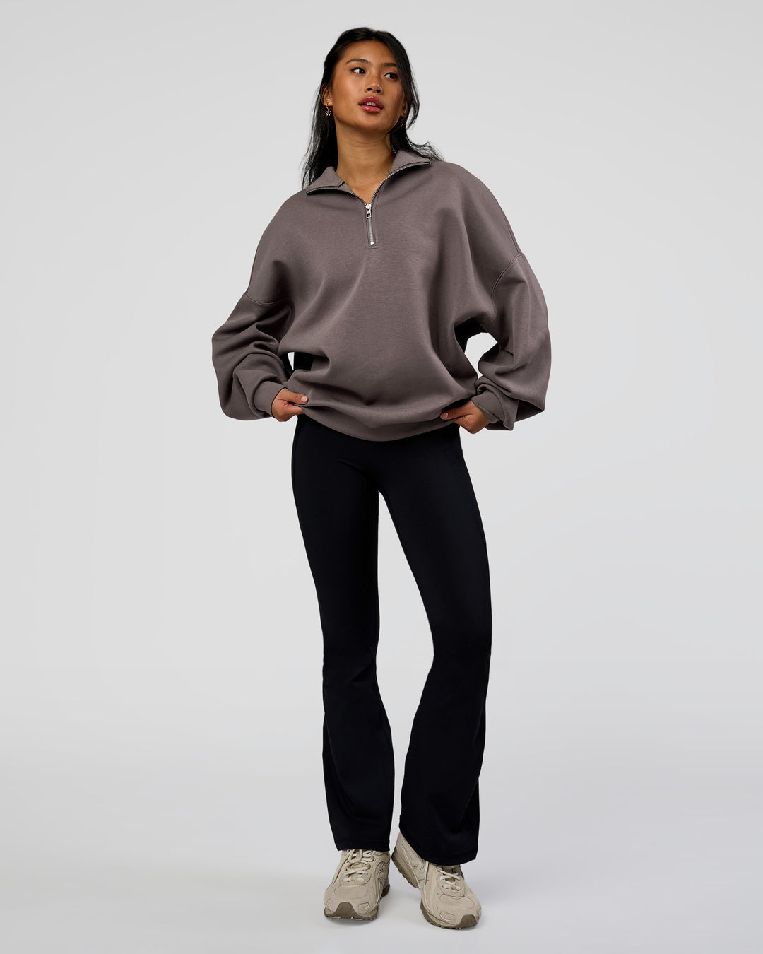 Woman wearing AfterDark ZeroCrease Quarter Zip - Duskstone | Model:Loren | Size:XS - view 5