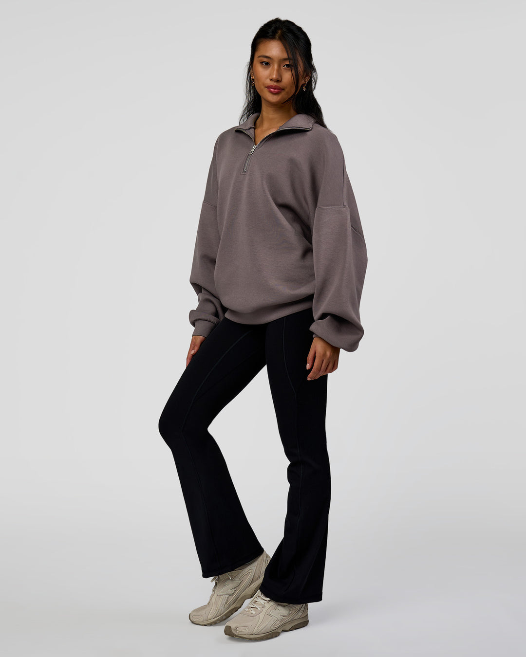 Woman wearing AfterDark ZeroCrease Quarter Zip - Duskstone | Model:Loren | Size:XS - view 12