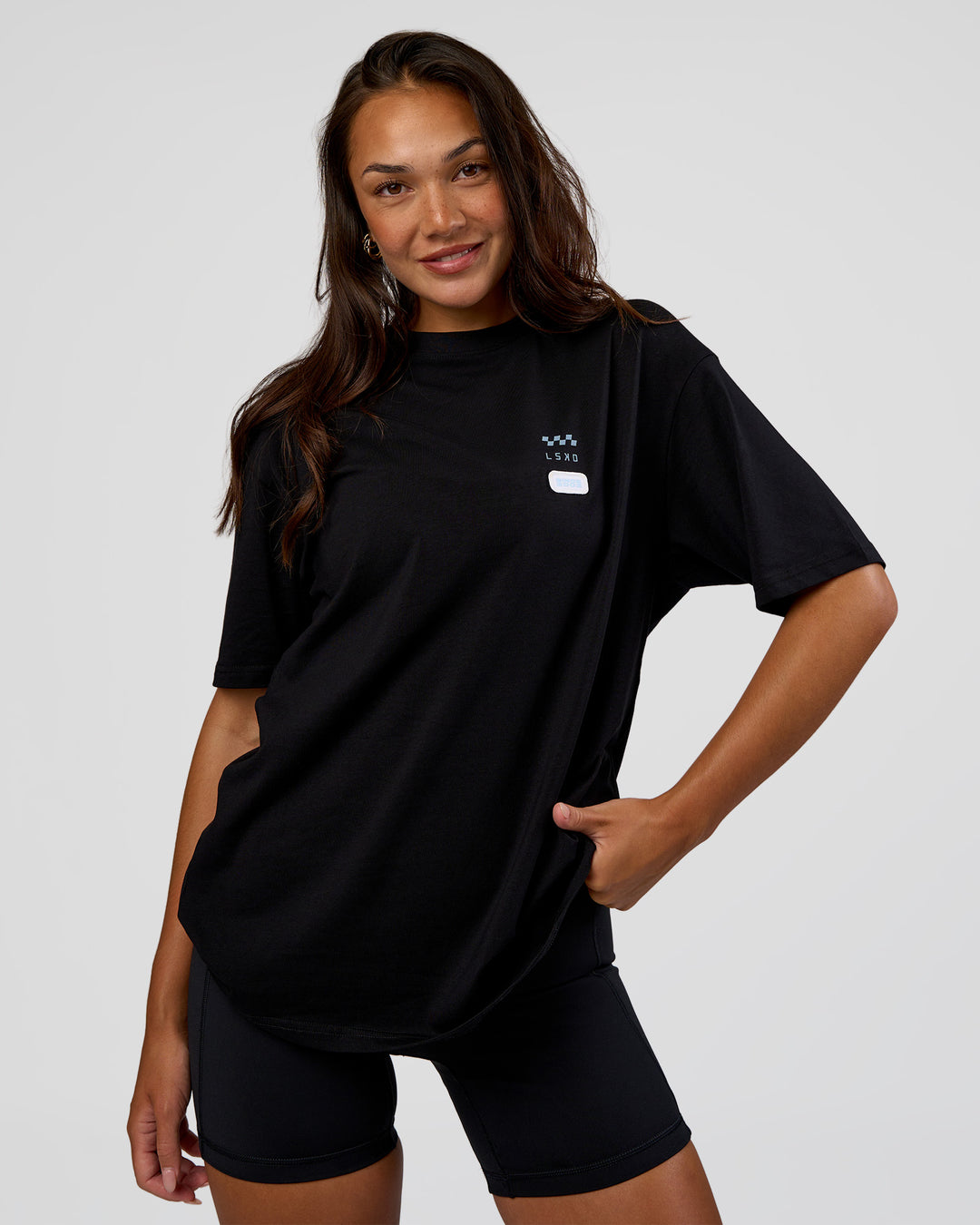 Woman wearing Archive FLXCotton Oversized Tee - Black-Open Air | Model:Kirstyn | Size:XS - view 5