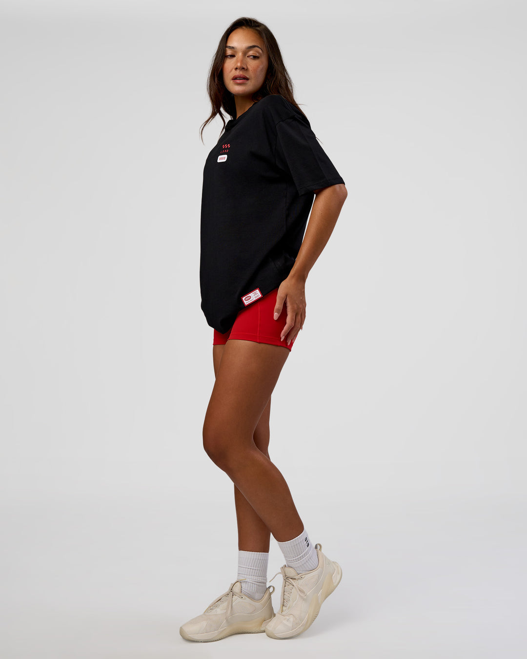 Woman wearing Archive FLXCotton Oversized Tee - Black-Scarlet | Model:Kirstyn | Size:XS - view 8