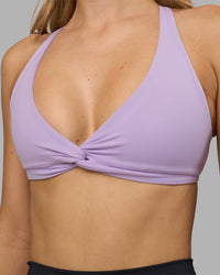 Woman wearing Aspire Twist Sports Bra - Pale Lilac | Model:Leilani | Size:XS | Thumbnail Index: 3