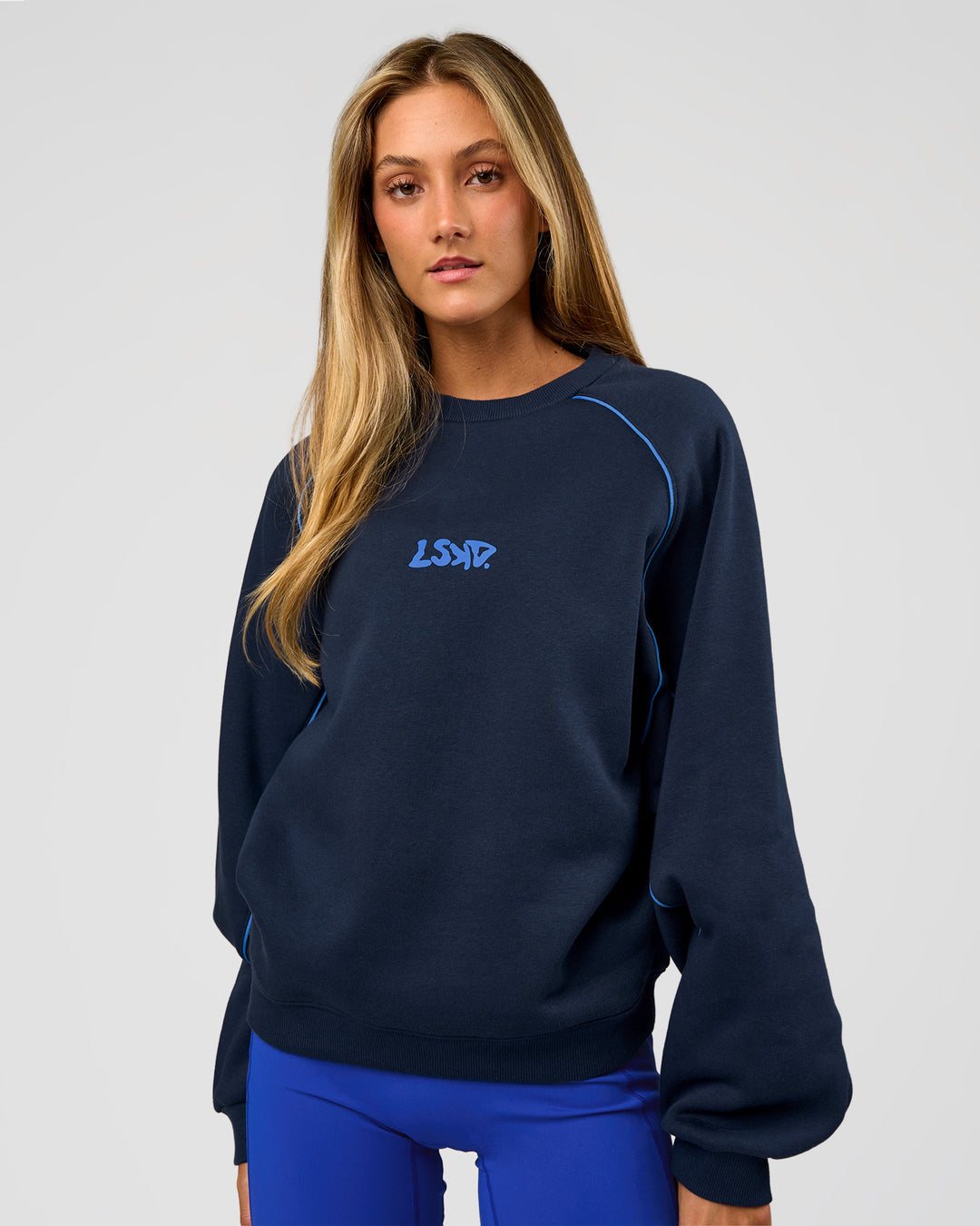 Woman wearing Axis Boxy Crew Sweater - Future Navy-Palace Blue | Model:Georgia | Size:XS - view 4