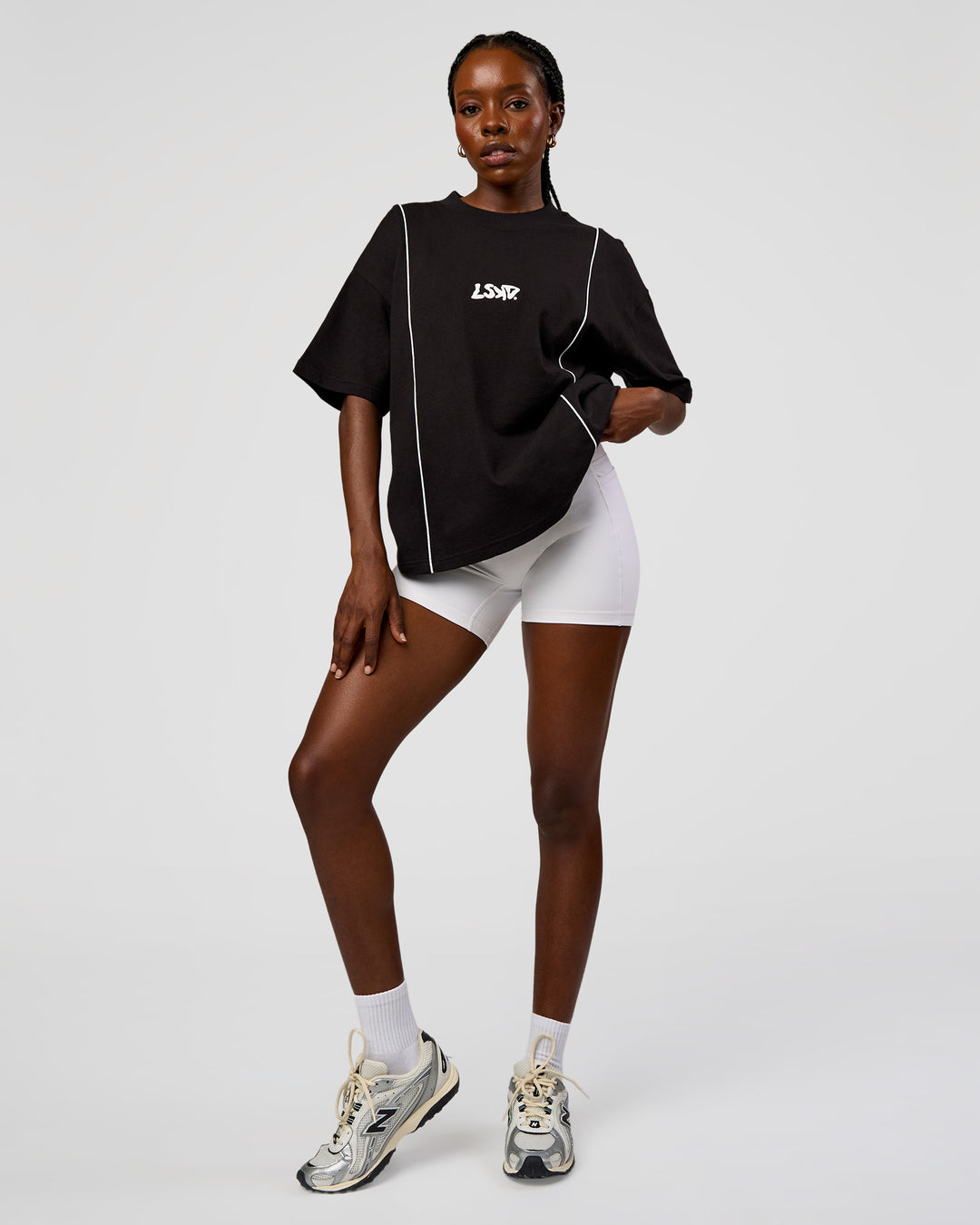 Woman wearing Axis Heavyweight Oversized Boxed Tee - Black-White | Model:Ellie | Size:XS - view 5