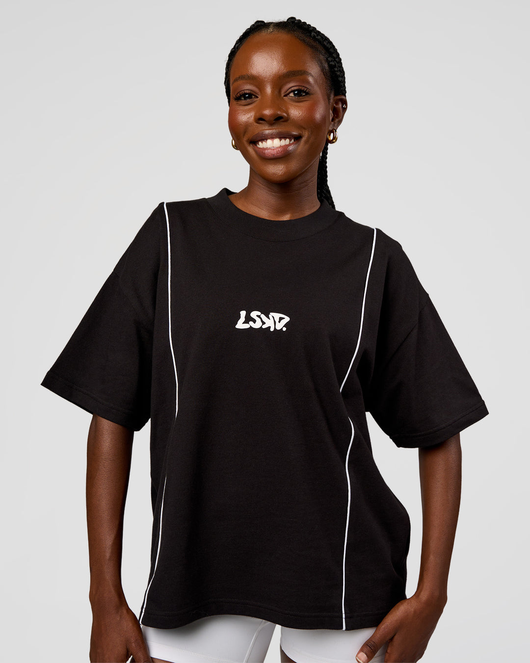 Woman wearing Axis Heavyweight Oversized Boxed Tee - Black-White | Model:Ellie | Size:XS - view 4