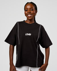 Woman wearing Axis Heavyweight Oversized Boxed Tee - Black-White | Model:Ellie | Size:XS | Thumbnail Index: 3