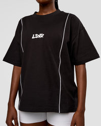 Woman wearing Axis Heavyweight Oversized Boxed Tee - Black-White | Model:Ellie | Size:XS | Thumbnail Index: 10