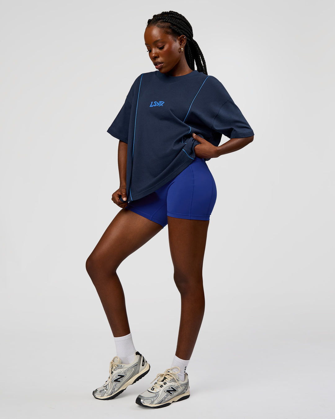 Woman wearing Axis Heavyweight Oversized Boxed Tee - Future Navy-Palace Blue | Model:Ellie | Size:XS - view 11