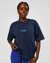 Woman wearing Axis Heavyweight Oversized Boxed Tee - Future Navy-Palace Blue | Model:Ellie | Size:XS | Thumbnail Index: 3