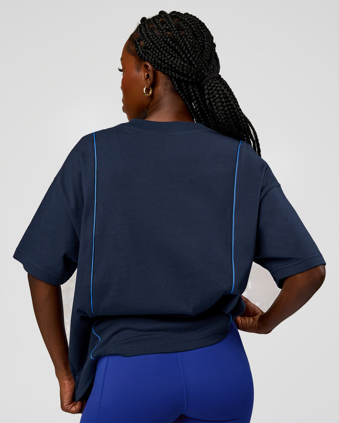 Woman wearing Axis Heavyweight Oversized Boxed Tee - Future Navy-Palace Blue | Model:Ellie | Size:XS - view 5