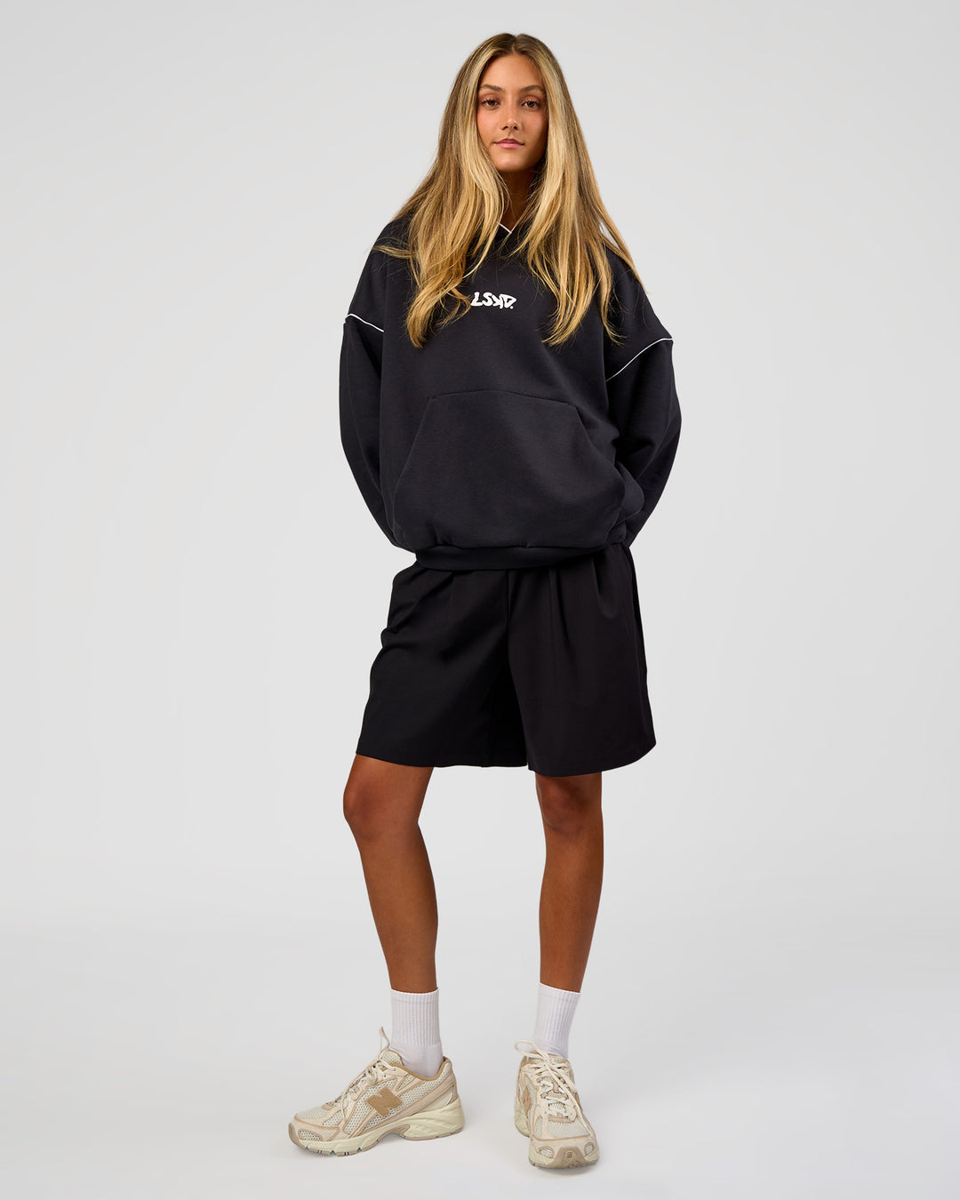 Woman wearing Axis Oversized Hoodie - Caviar-White | Model:Georgia | Size:XS - view 5