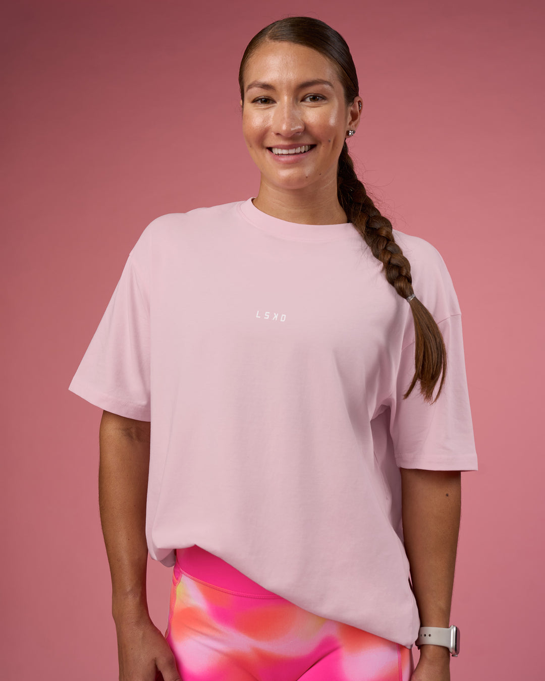 Woman wearing BCAM FLXCotton Oversized Tee - Marshmallow-White | Model:Hannah | Size:XS - view 8