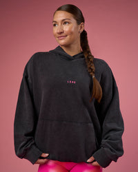 Woman wearing BCAM Washed Unisex Oversized Hoodie - Black Washed-Pink | Model:Hannah | Size:XS | Thumbnail Index: 5