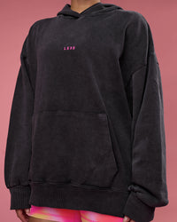 Woman wearing BCAM Washed Unisex Oversized Hoodie - Black Washed-Pink | Model:Hannah | Size:XS | Thumbnail Index: 11