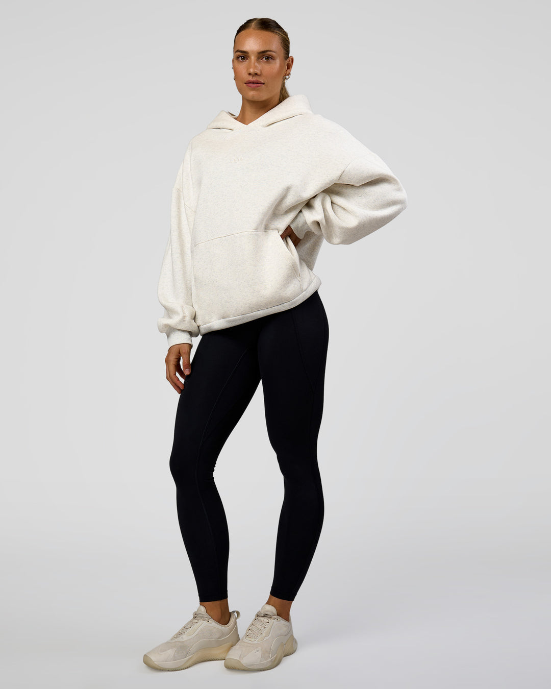 Woman wearing Base Oversized Hoodie - Silver Marl | Model:Maja | Size:XS - view 5