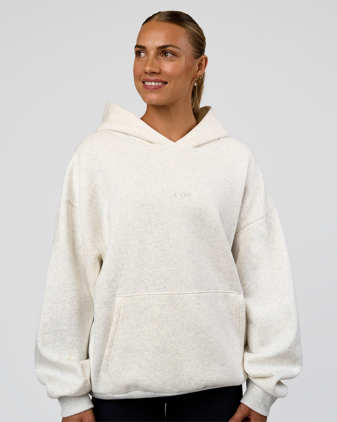Woman wearing Base Oversized Hoodie - Silver Marl | Model:Maja | Size:XS - view 2