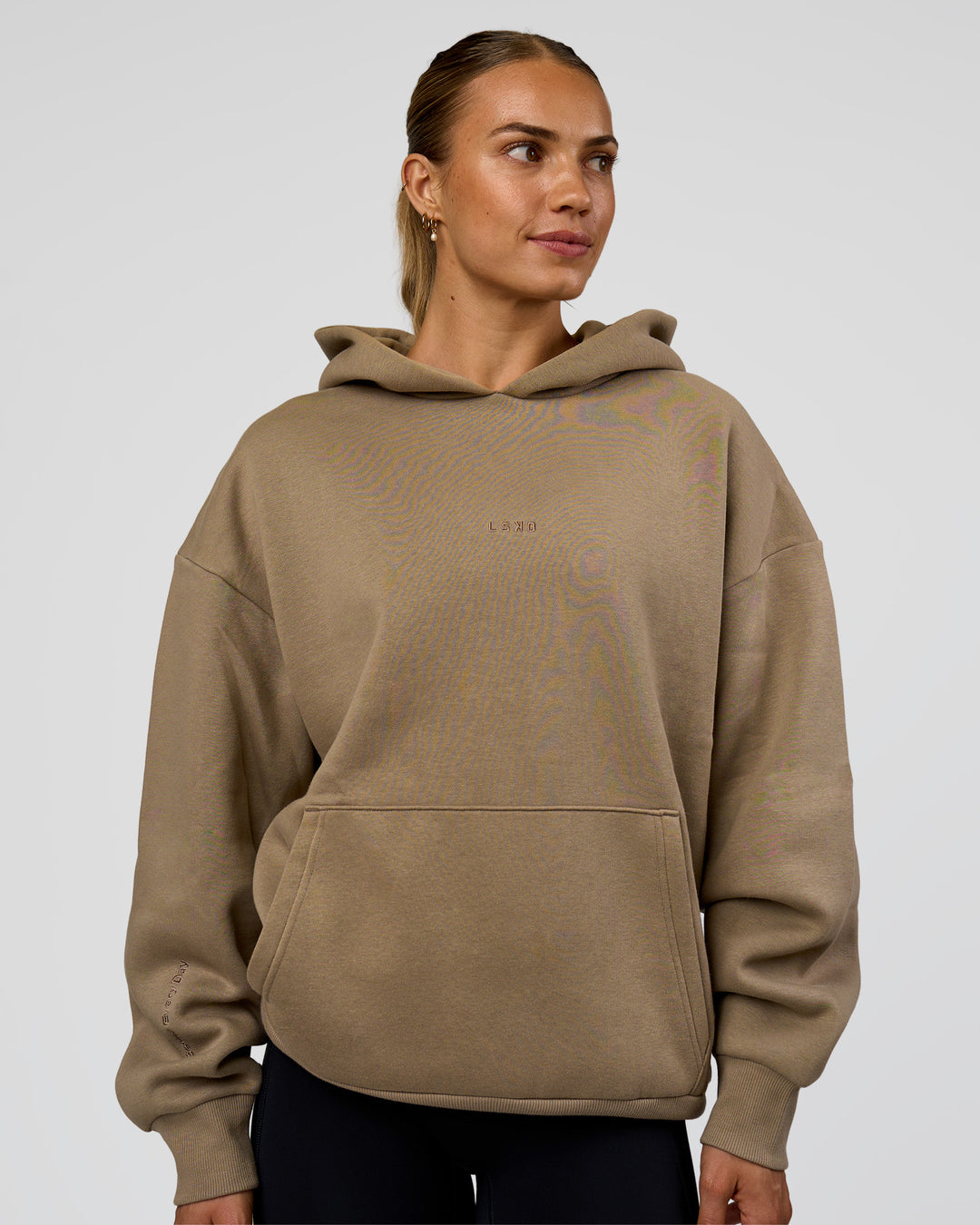 Woman wearing Base Oversized Hoodie - Taupe Ash | Model:Maja | Size:XS - view 4